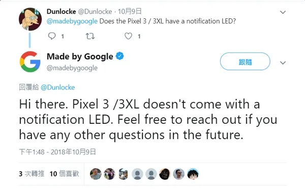 这售价Pixel 3系列设备不具备LED通