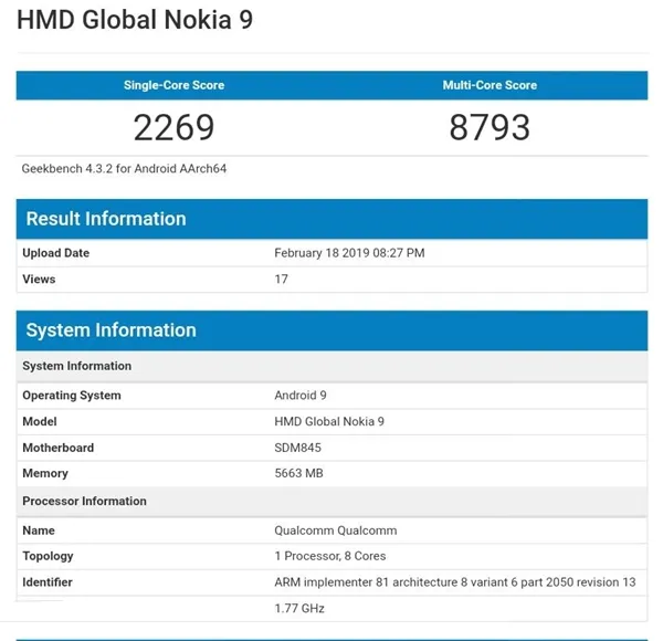 诺基亚9 PureView亮相GeekBench：搭