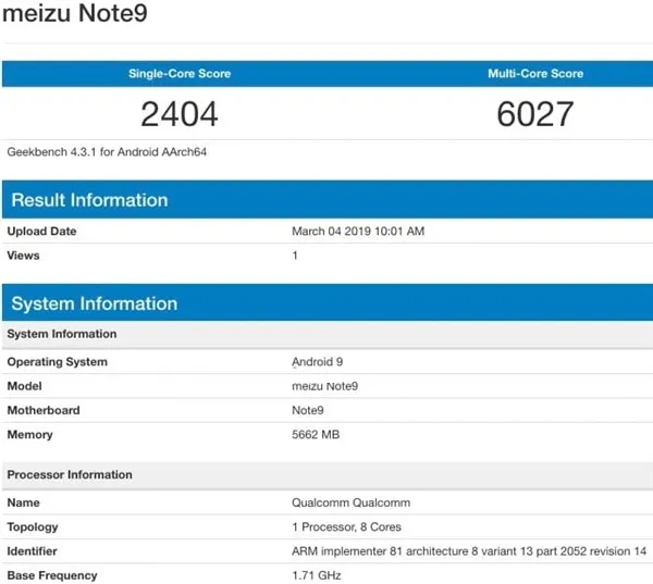 魅族Note 9正式亮相GeekBench 4.3