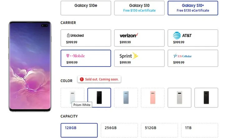 T-Mobile版三星Galaxy S10有三个型