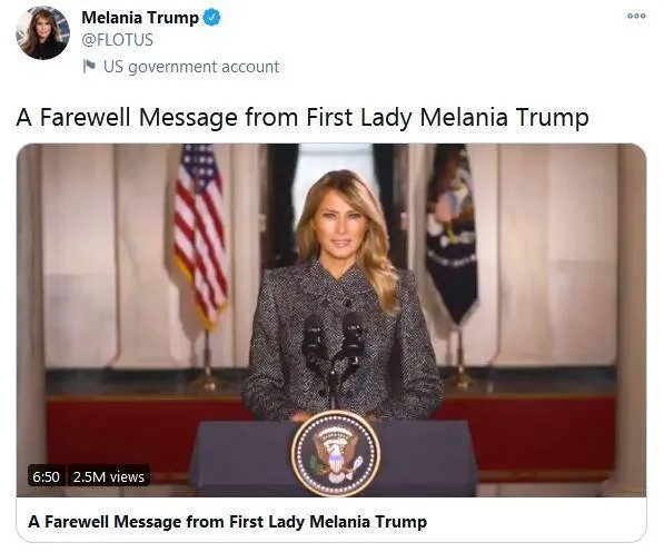 梅拉尼娅在推特上发表告别视频说了