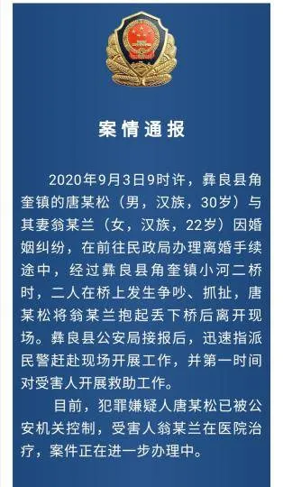 男子离婚途中将妻子扔下桥什么情况