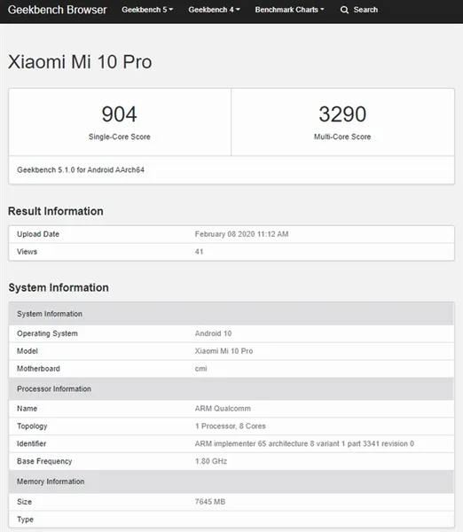 小米10 Pro现身Geekbench跑分库：单核904分、多核3290分