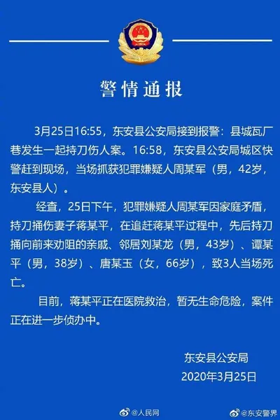 男子持刀伤妻子捅死3名亲戚邻居怎