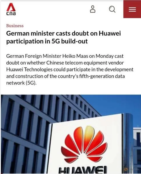 德国外长强烈质疑华为参与5G建设的