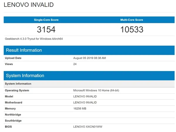 联想Win10设备现身GeekBench：骁龙8cx+16G内存