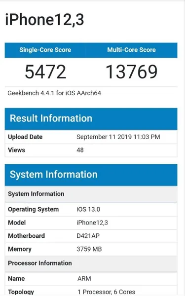 iPhone 11 GeekBench跑分公布：单核5