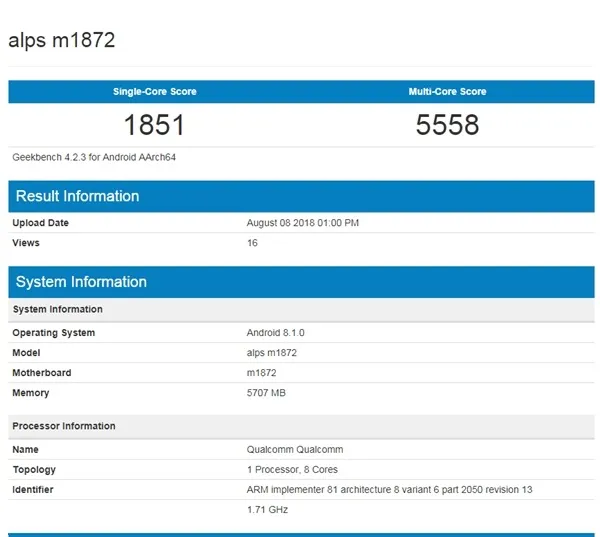 代号M1872的魅族新机亮相Geekbench