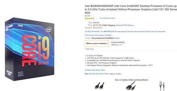 无核显的酷睿i9-9900KF处理器降价 