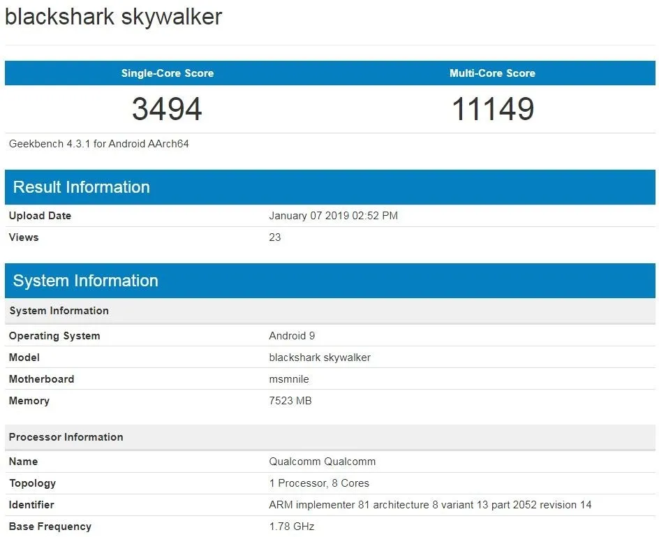 黑鲨新机亮相Geekbench：8GB内存，安卓