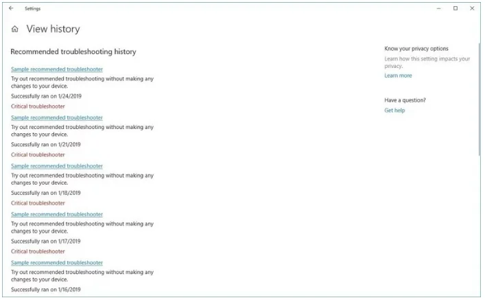查看Win10系统推荐的故障排除历史