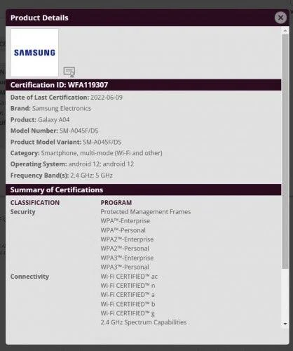 三星 Galaxy A04 手机通过 Wi-Fi 联盟认证，Galaxy A04s 手机已曝光
