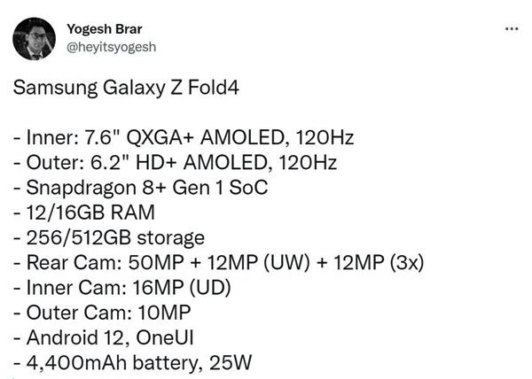 三星Galaxy Z Fold4曝光：7.6英寸巨