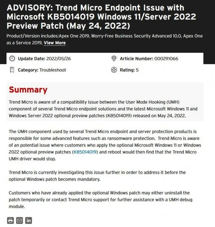 Windows 11可选更新导致Trend Micr