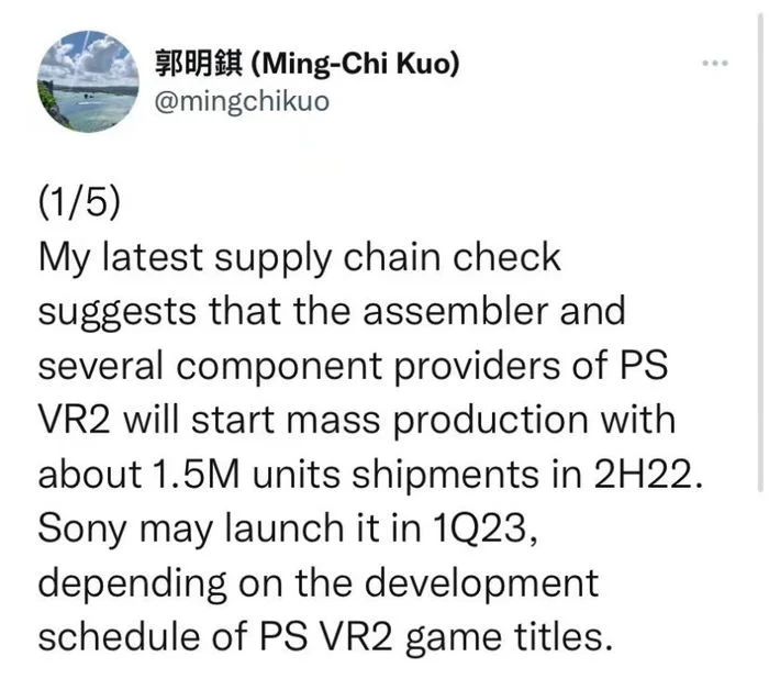 郭明錤曝索尼 PS VR2 量产进展：出货量约为 150 万件